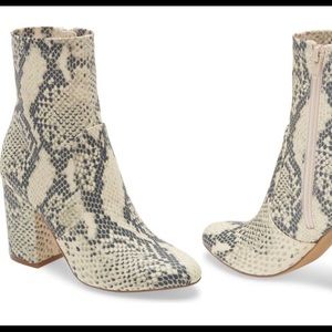 Steve Madden cream and gray snake-print booties